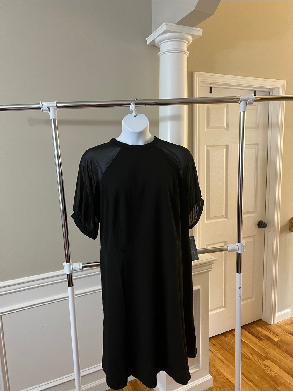 London Times Black Midi Dress with Sheer Puff Sleeves